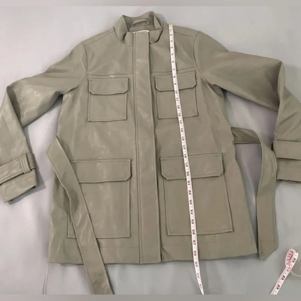 A New Day Anorak Faux Leather Frontier Brown Jacket Coat Full Zip Tie Front NWOT